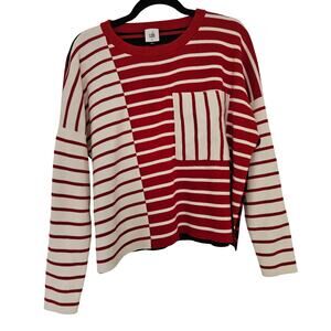 Cabi Vivien Pocket Pullover Red Cream and Black Stripe size Medium Boxy Sweater